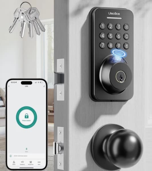Smart lock installed on door with phone app